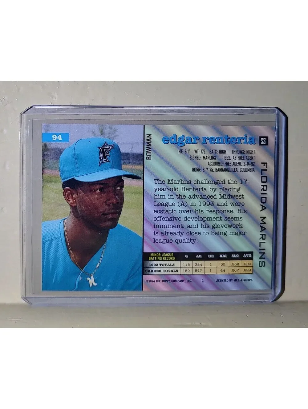Edgar Renteria 1994 Topps Bowman MLB #94 Baseball Card Florida Marlins